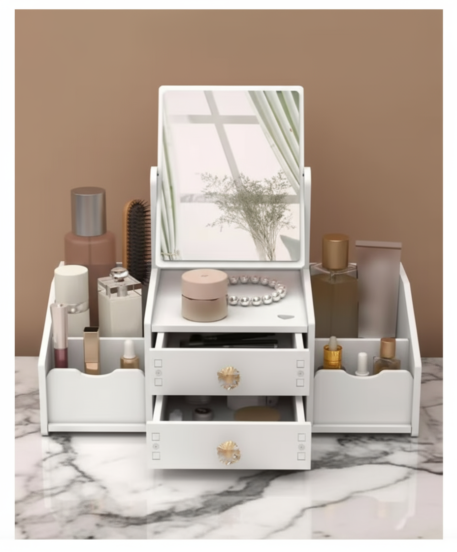 Makeup and jewelry storage box with a mirror