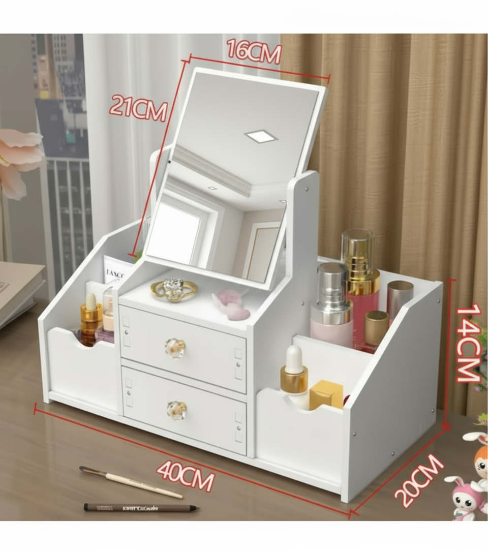 Makeup and jewelry storage box with a mirror