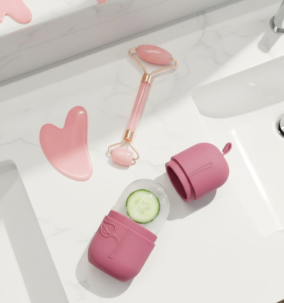 3-Piece Facial skincare tools: a Silicone Ice Face Roller, Roller Massager and Scraping Gua Plate for Face & Eye Puffiness Relief