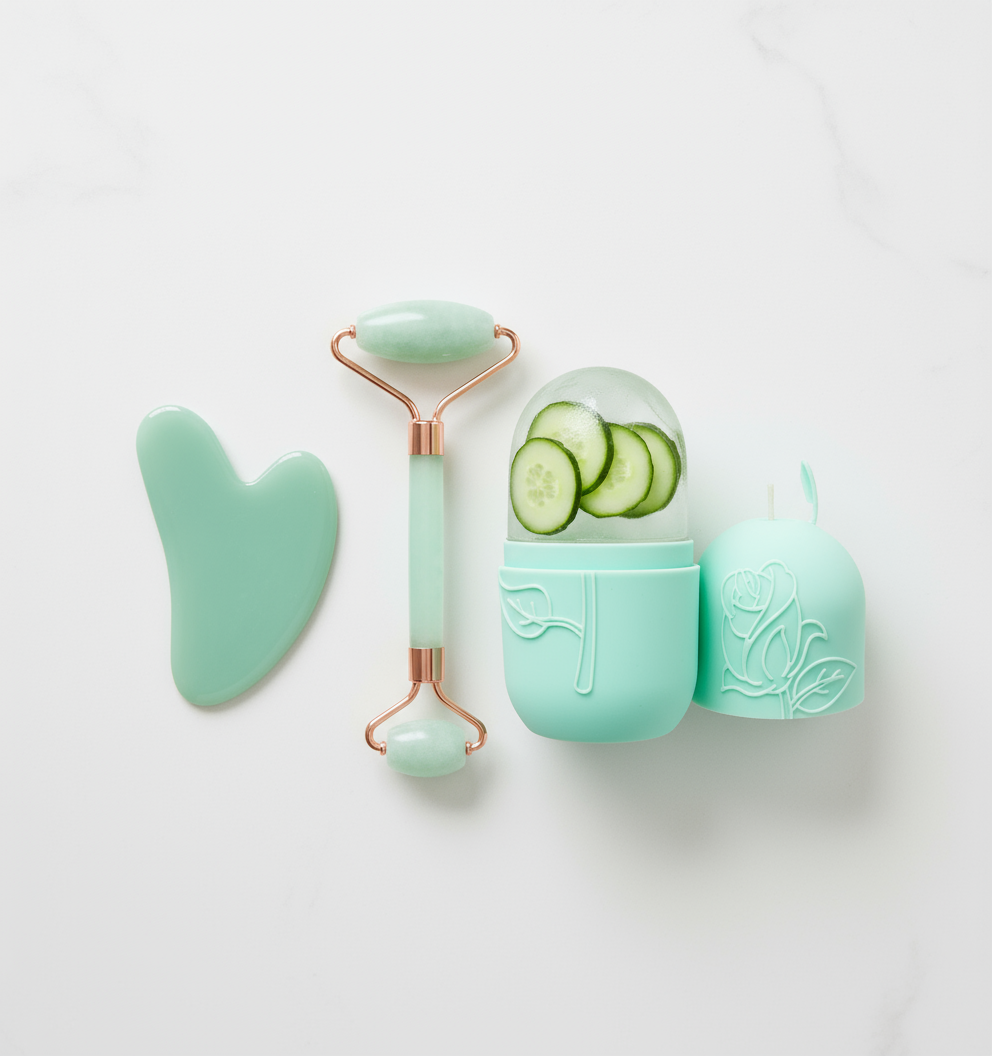 3-Piece Facial skincare tools: a Silicone Ice Face Roller, Roller Massager and Scraping Gua Plate for Face & Eye Puffiness Relief