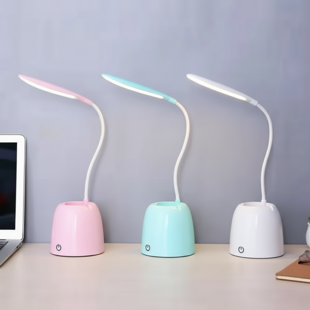 Three colorful desk lamps on a desk with a laptop and notebook.