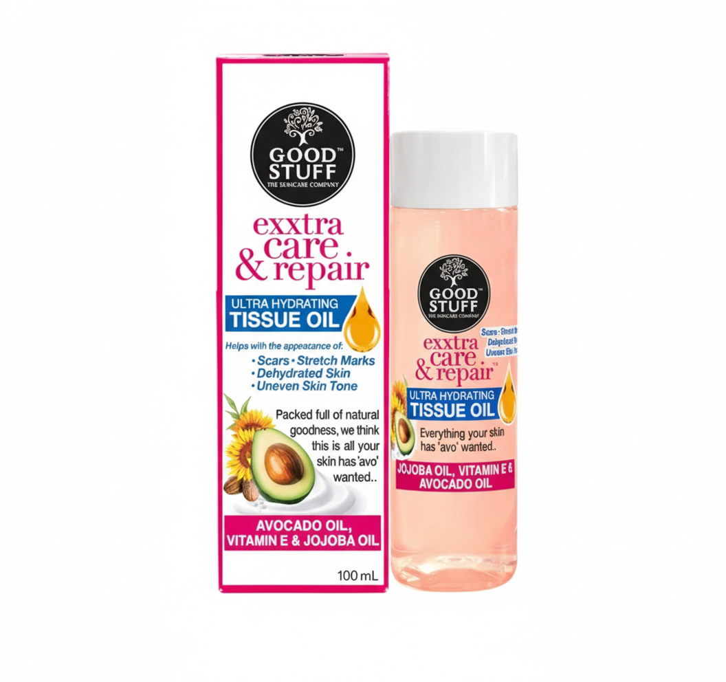Good Stuff extra care & repair ultra hydrating tissue oil with packaging on a white background