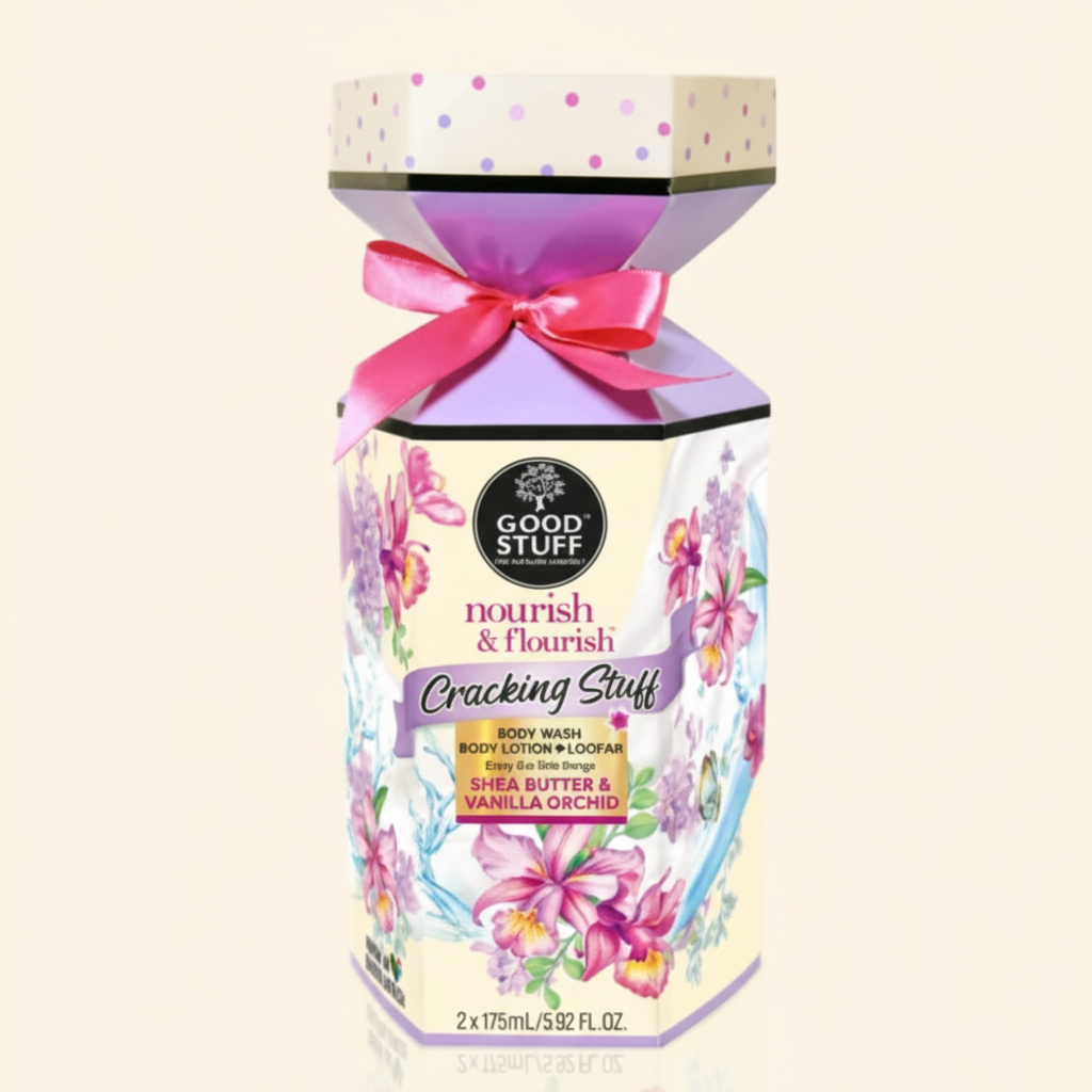 Good Stuff Cracking Stuff body lotion packaging with floral design and pink bow on a beige background