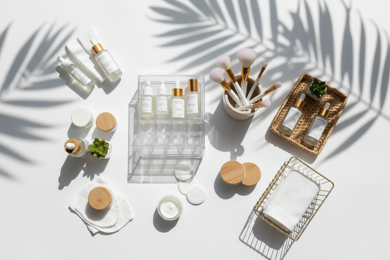 create flat layout picture with leaf shadow of skincare accessories and organizing tools