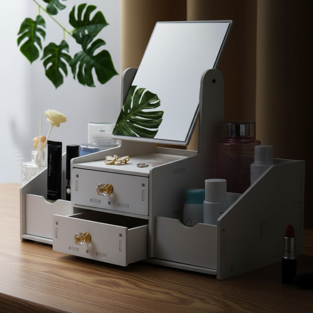 Makeup and jewelry storage box with a mirror