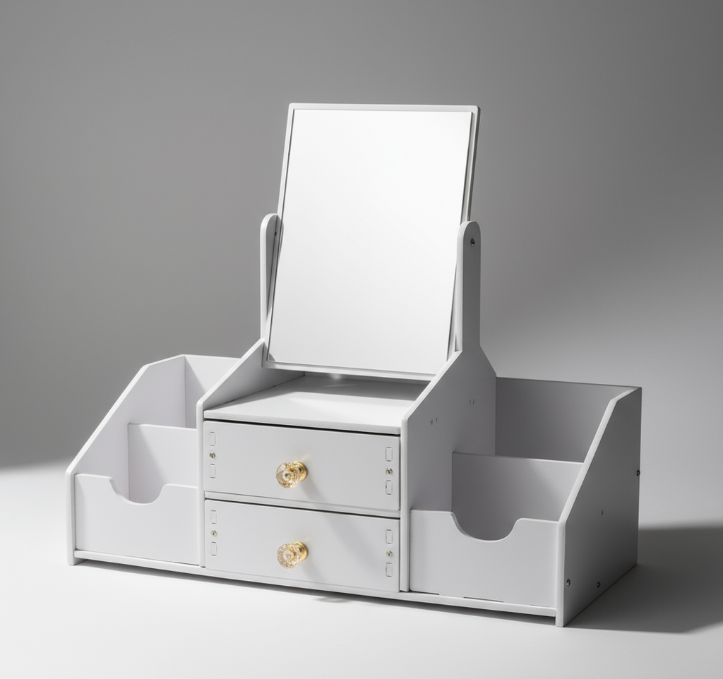 Makeup and jewelry storage box with a mirror