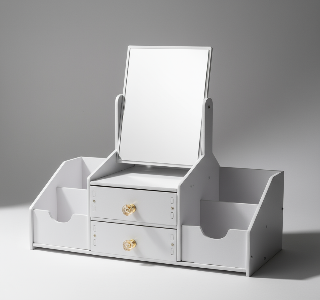 Makeup and jewelry storage box with a mirror